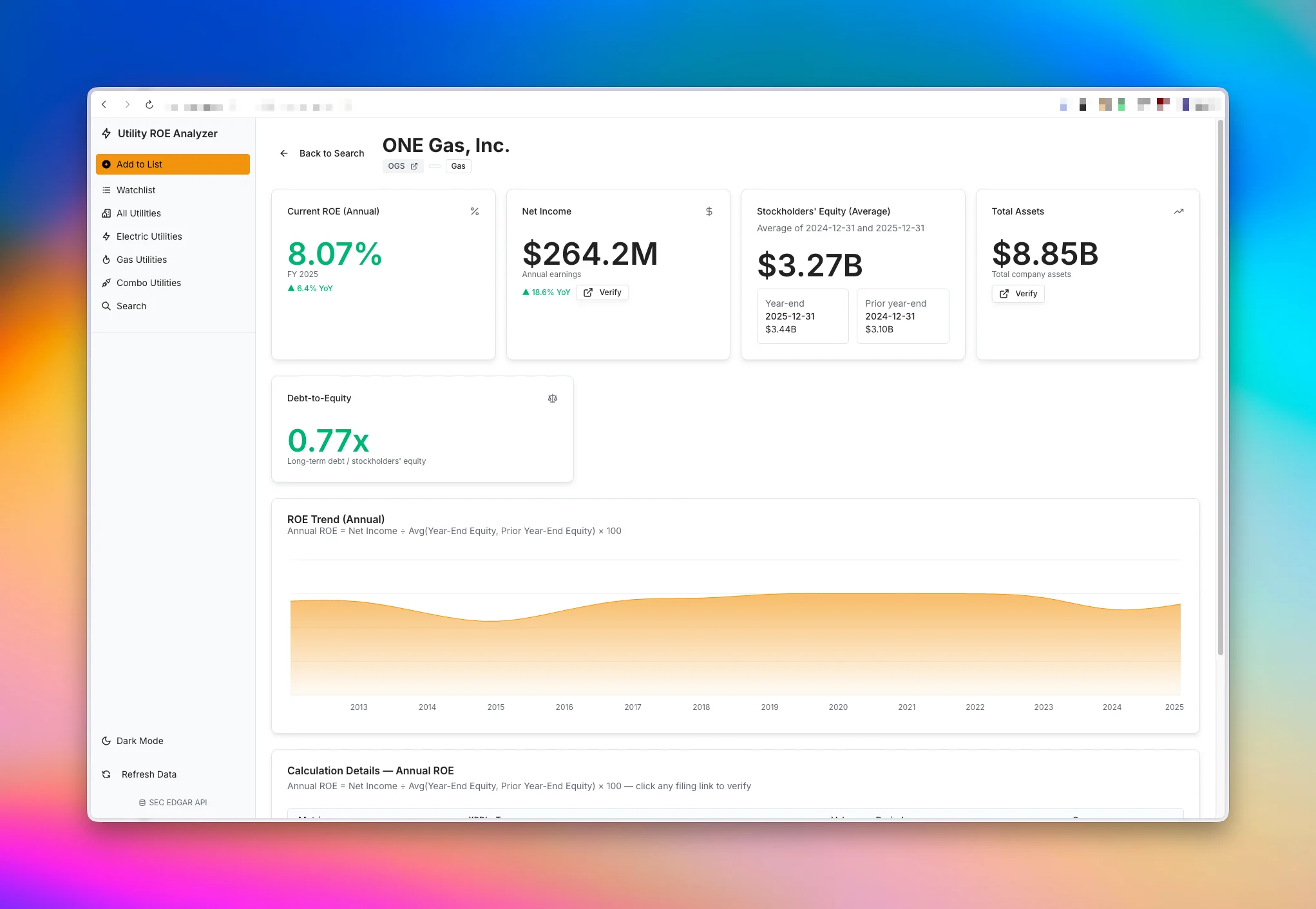 ONE Gas company detail page with ROE trend chart